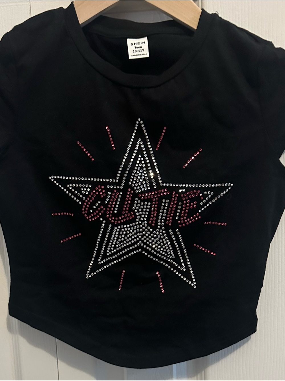 SHEIN Black Tee with Silver & Pink Rhinestone Star 'Cutie'